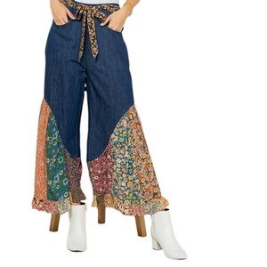 NWT Young Threads Boho Flare Legs Denim Patchwork Pants Festival XS
